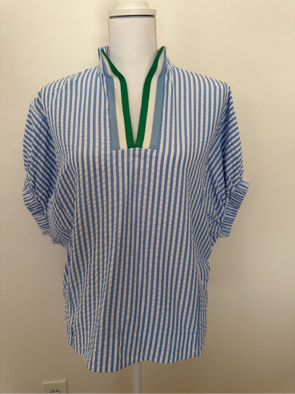 Avara Blue & White Striped Top with Green Trim